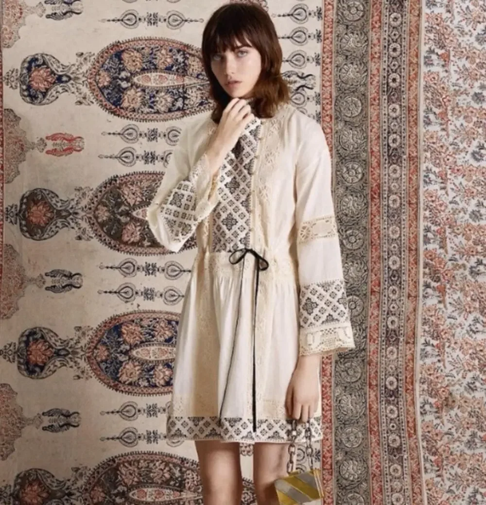 NEW Tory Burch Women's New Ivory Carlotta Dress Embroidered Lace Mini Sz 0 XS